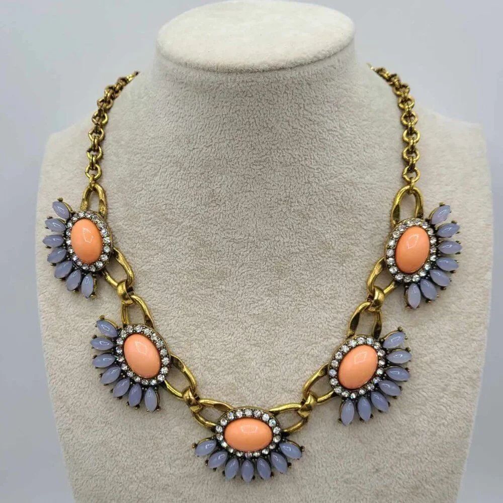 J Crew Rose Gold Tone Pink Gray Resin Stone Clear Crystal Necklace